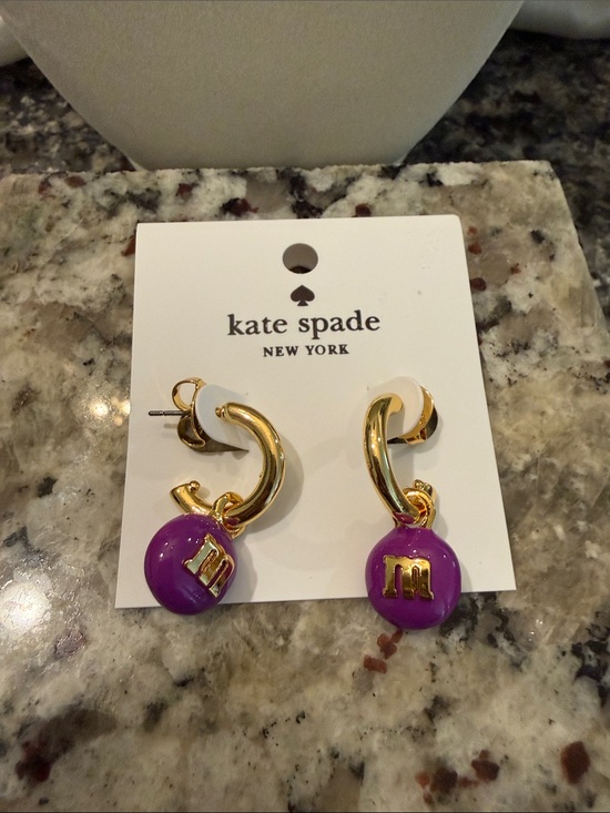 kate spade Jewelry - kate spade Gold-tone Hoop Earrings with Purple Enamel M & M Charms
